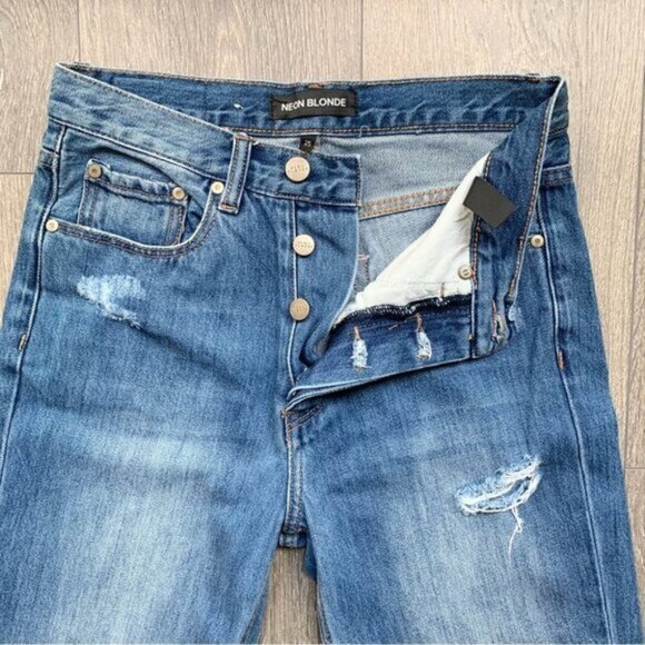 Urban Outfitters Neon Blonde Siren High Rise Tapered Jean Straight leg Distress - Picture 4 of 13